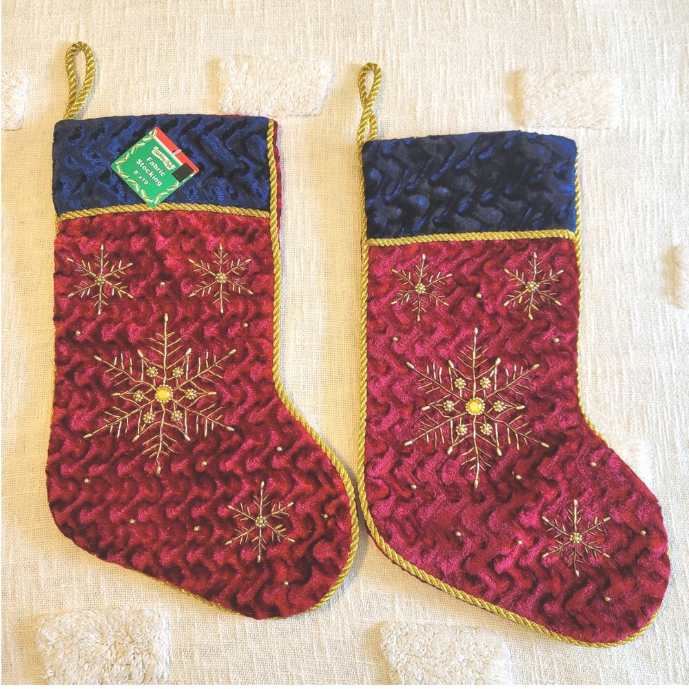 Holiday Style 2pc Beaded Snowflake Velvet Christmas Stockings Burgundy Navy Gold